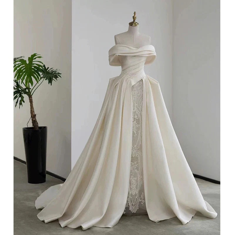 Buyishang Timeless Ball Gown Off The Shoulder Satin Long White Wedding Dresses With Lace dress for wedding